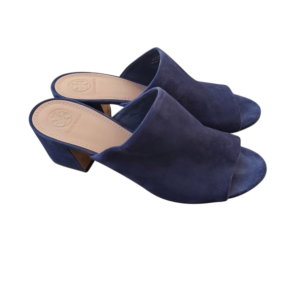 Tory Burch Navy Suede Peep Toe Mules - Picture 2 of 6